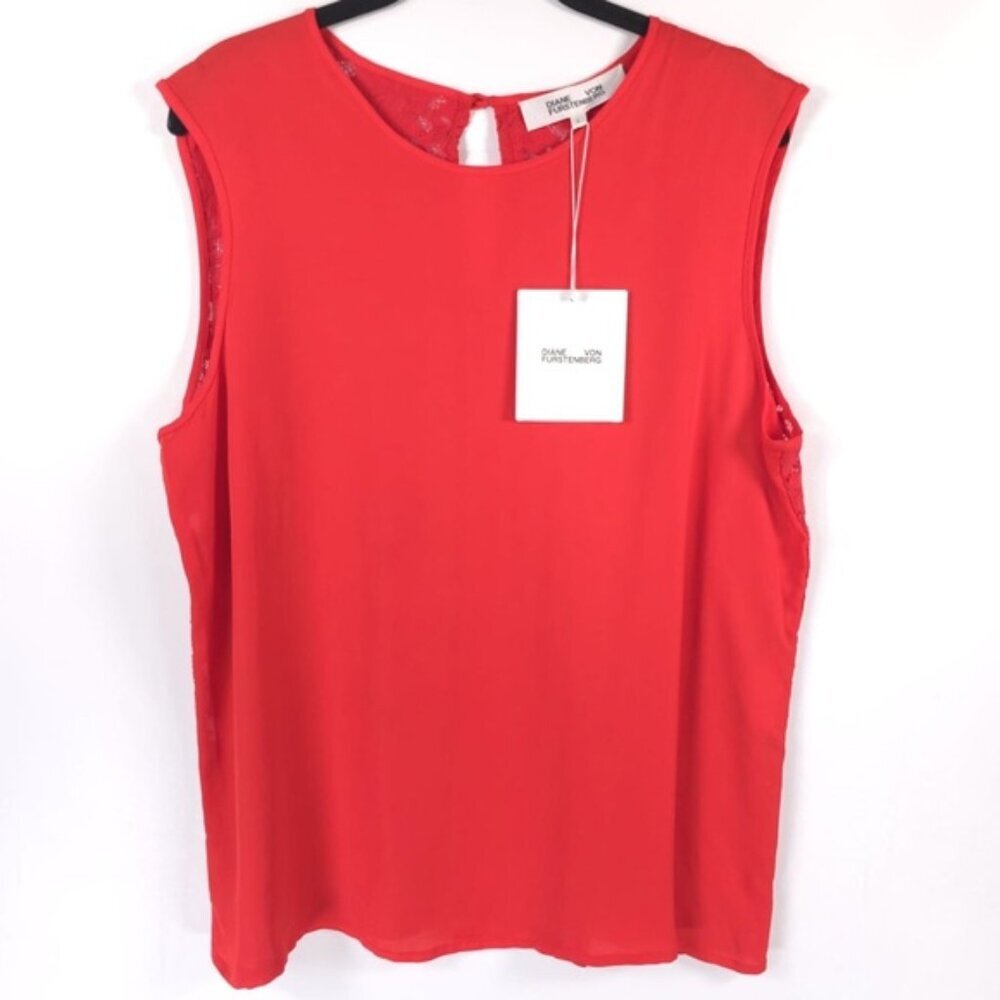 NWT DIANE VON FURSTENBERG‎ Coral Red Sleeveless Shell 12215DVF Lace Top LARGE
